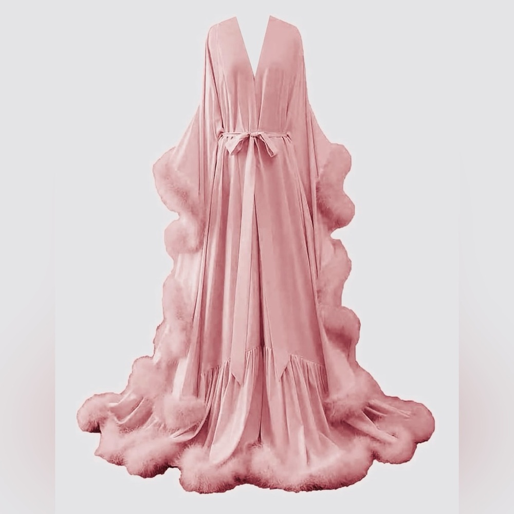 Apricot Satin & Feathered Diva Robe for luxurious lounging, photo shoots, etc